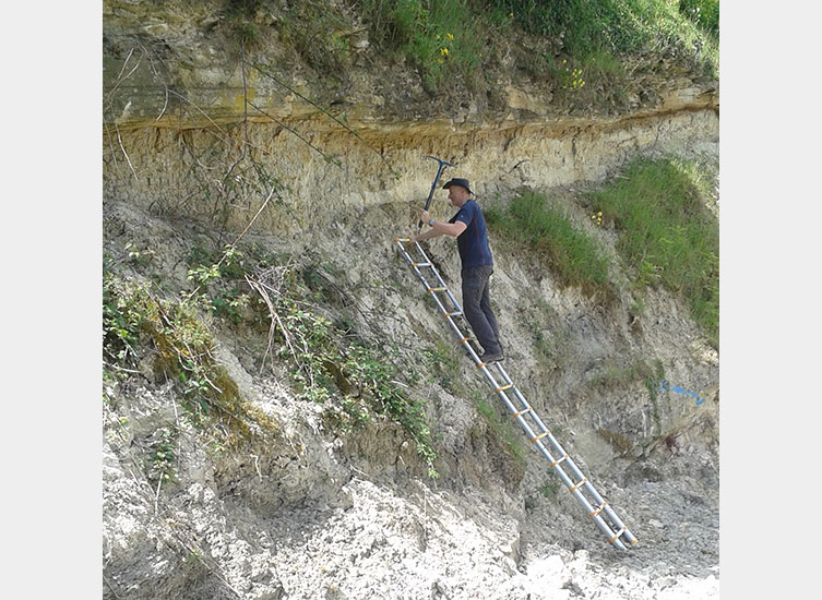 Simon up a ladder at Woodeaton Quarry, using a pick axe to dig out Bathonian microvertebrate deposits