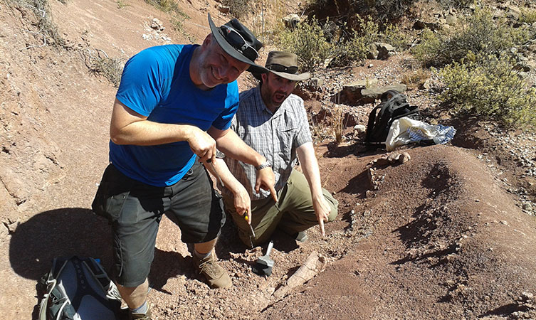 Simon Wills and Paul Barret pointing to a partially unearthed fossil bone