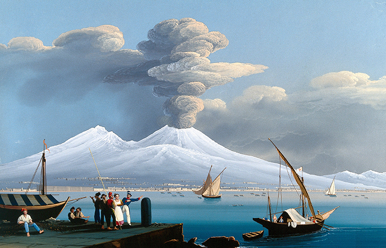 A painting of an erupting stratovolcano from across a bay. Boats sail across the water and people stand on a wharf.