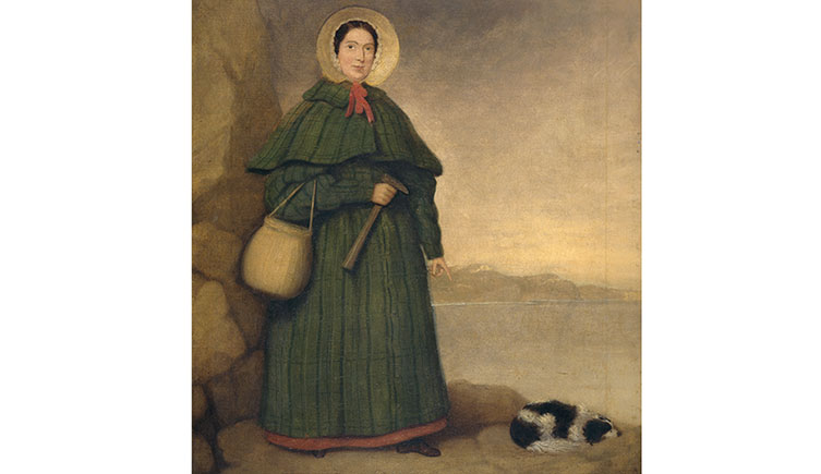 A painted portrait of Mary Anning and her dog Tray