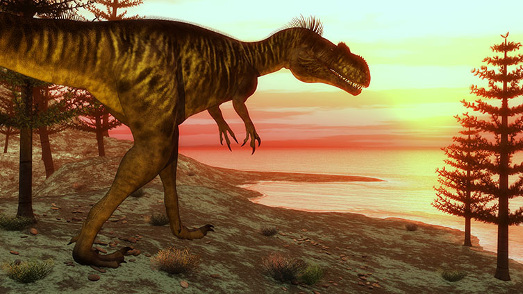 Artist's impression of a scene where Megalosaurus is walking along the shoreline of Jurassic Britain